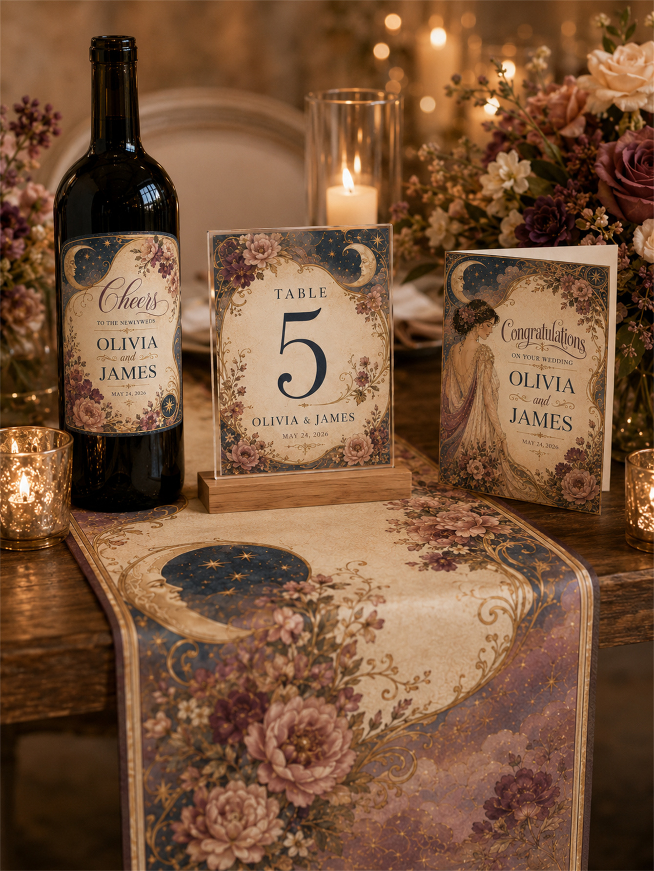 Celestial retro wedding decorations - moon and star Gothic romantic floral designs Navy blue, gold and Burgundy - custom names and dates